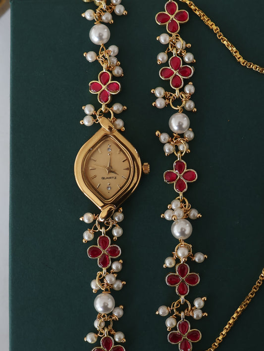 Megha Ruby Red Kundan Wrist Watch Set