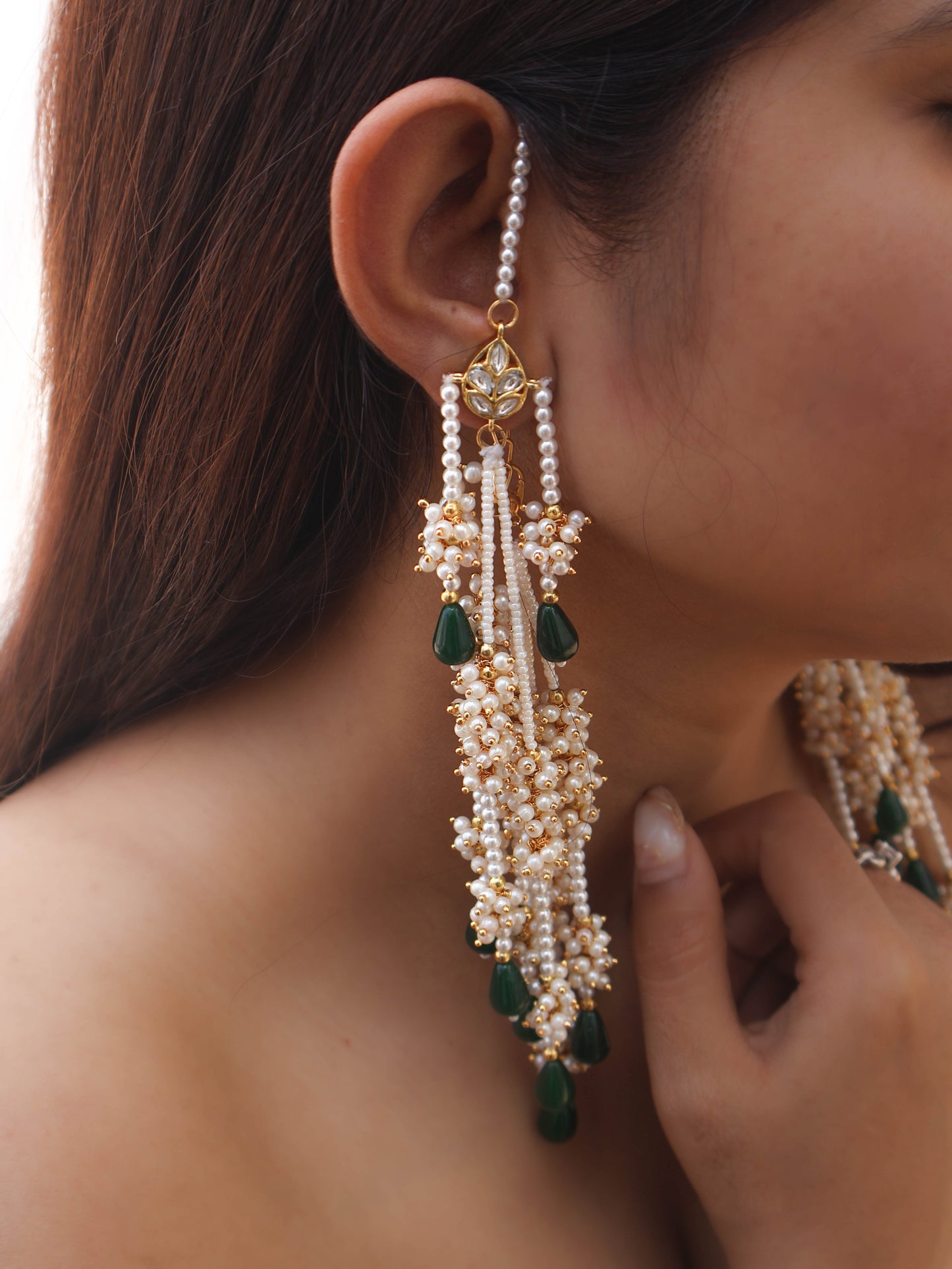 Hampi Kundan Green Earrings with Ear-Chain