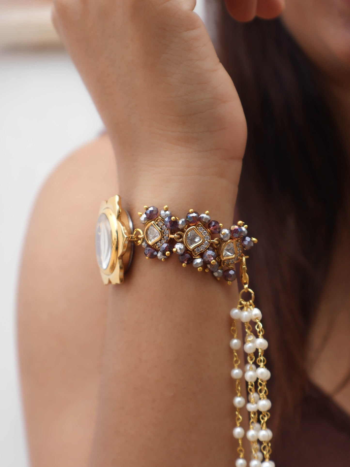 Blessings Purple Polki Wrist Watch with Detachable Hangings