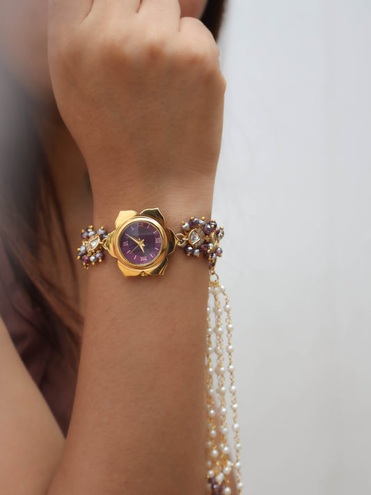 Blessings Purple Polki Wrist Watch with Detachable Hangings