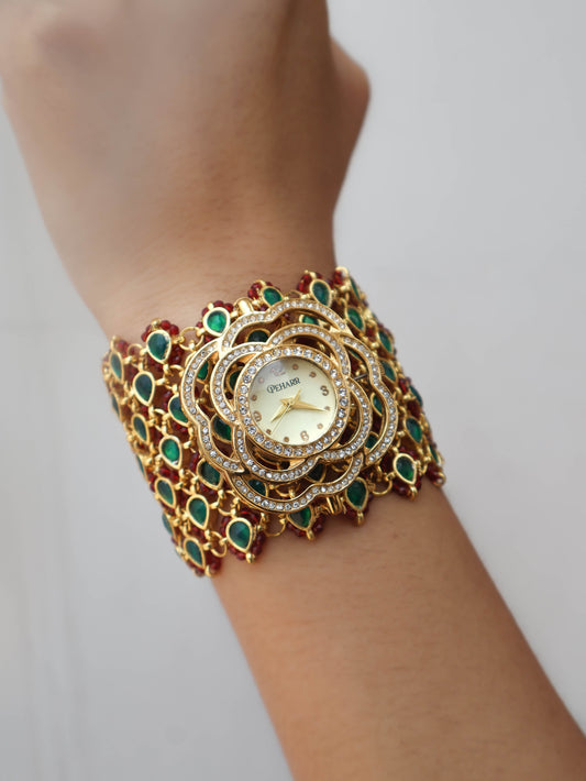 Gulaab Green Kundan Wrist Watch