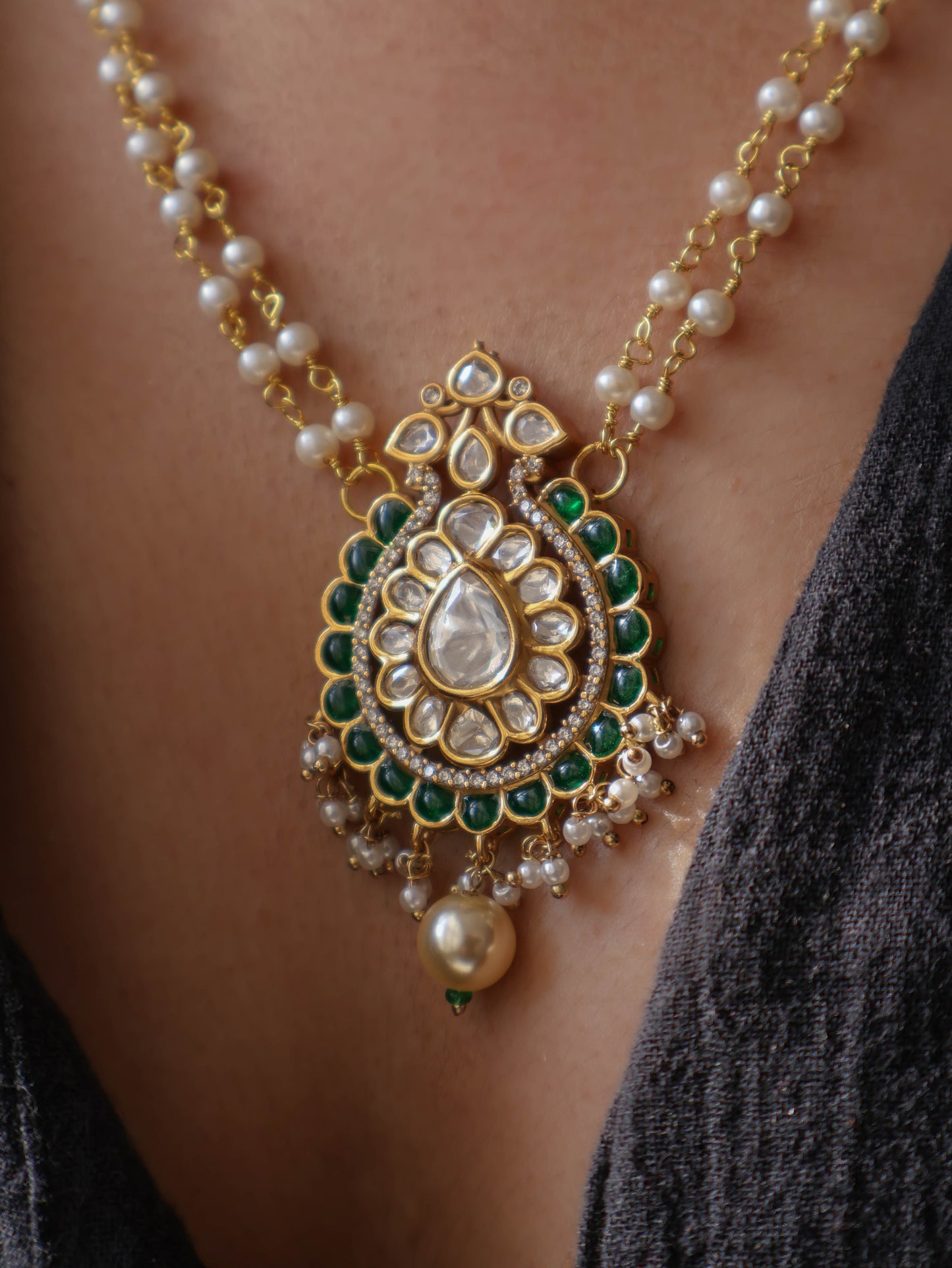 Agnis Green Polki Pendant Necklace