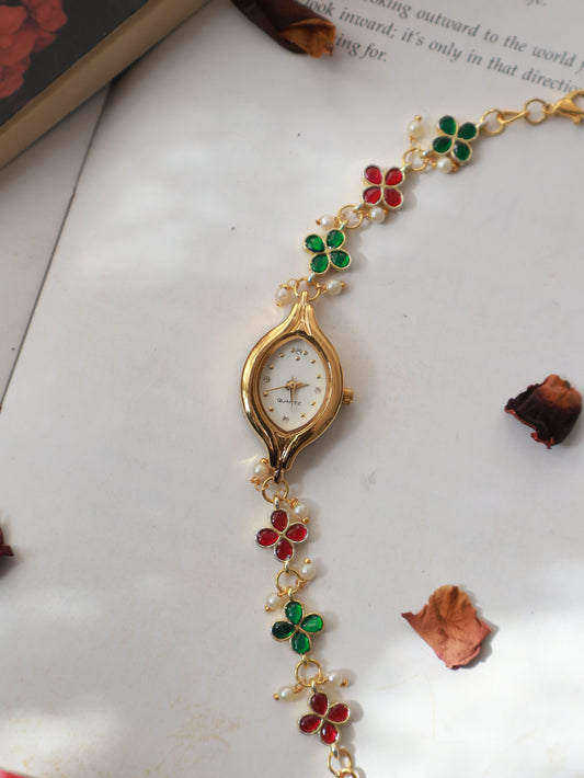 Maahi Green & Ruby-Red Wrist Watch
