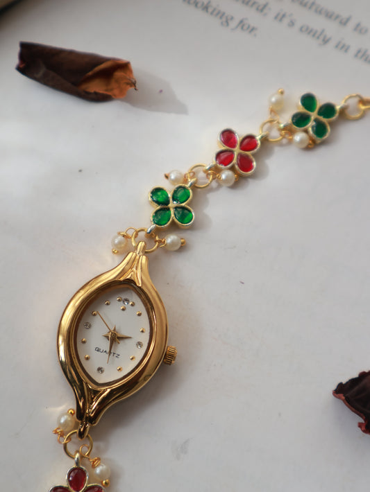 Maahi Green & Ruby-Red Wrist Watch