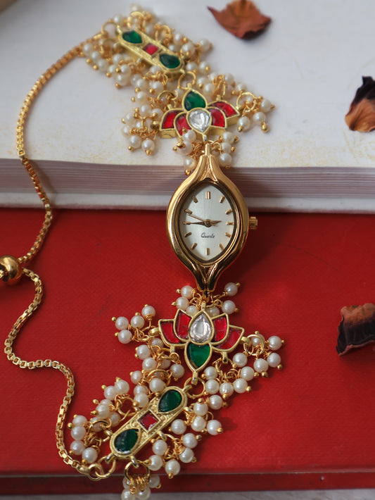 Dhara Red & Green Kundan Wrist Watch
