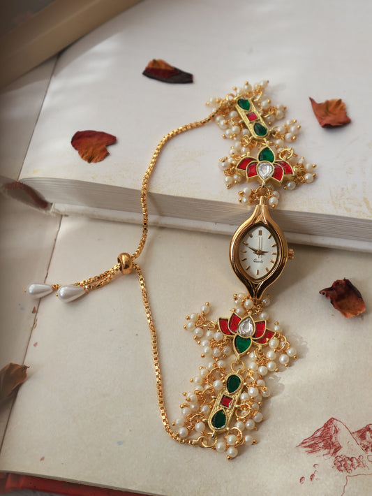 Dhara Red & Green Kundan Wrist Watch