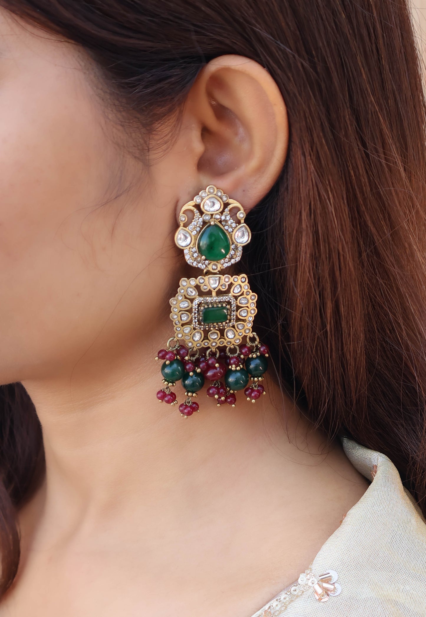 Wiksha Kundan Green Earrings