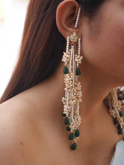Hampi Kundan Green Earrings with Ear-Chain
