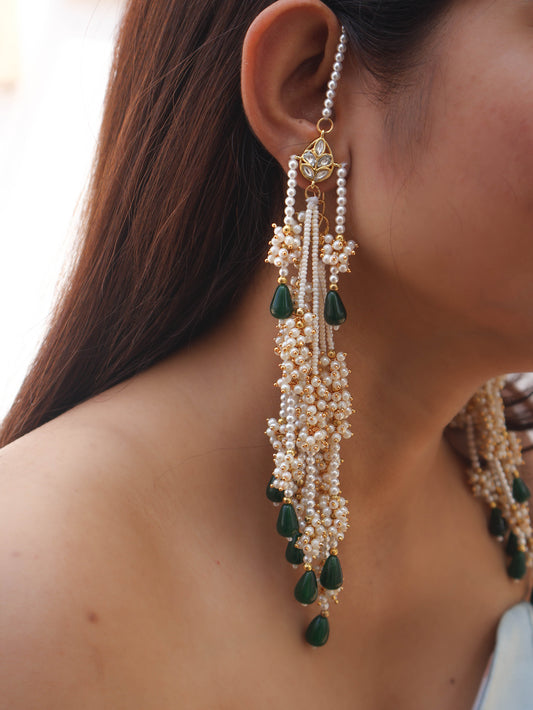 Hampi Kundan Green Earrings with Ear-Chain