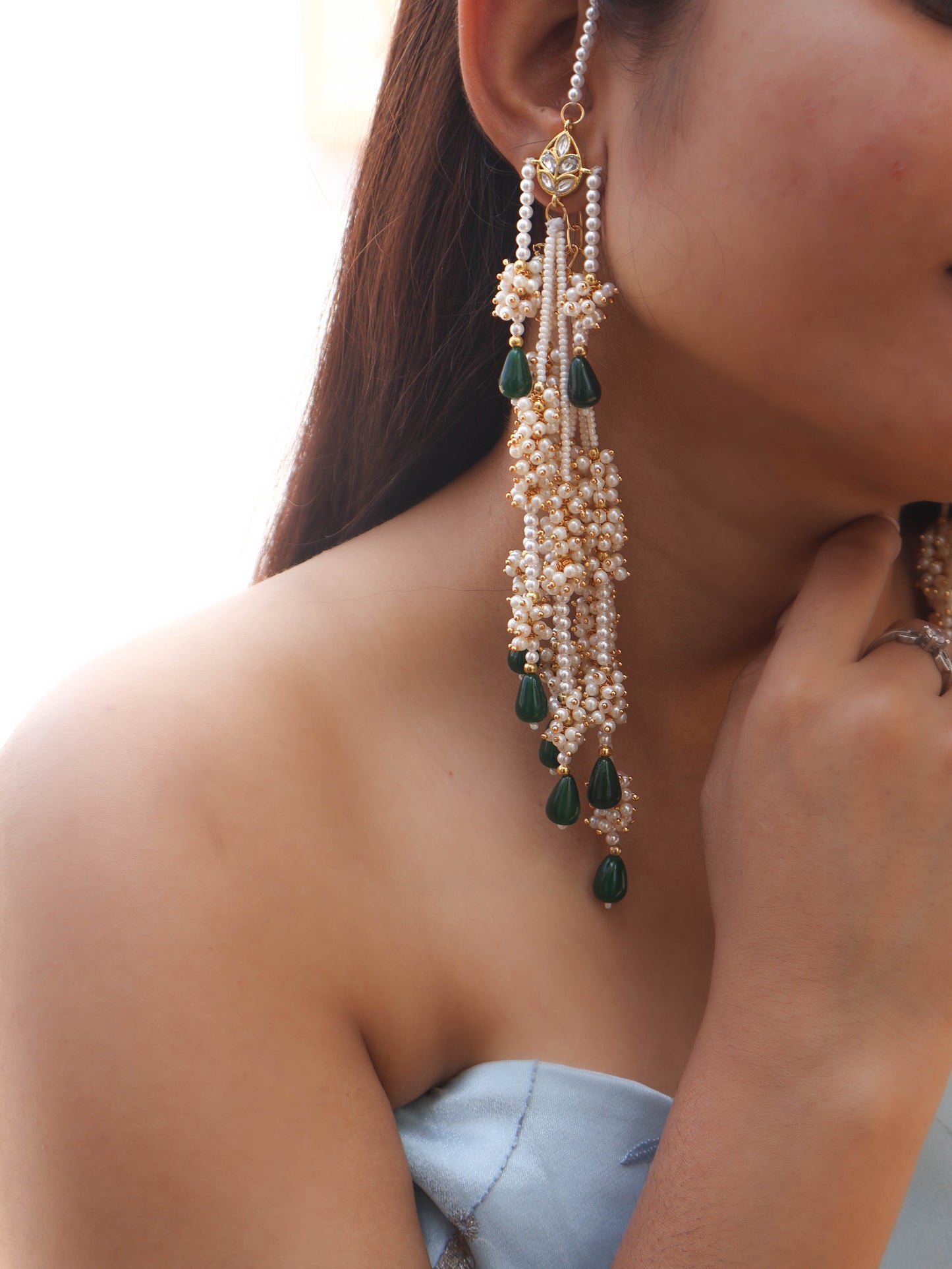 Hampi Kundan Green Earrings with Ear-Chain