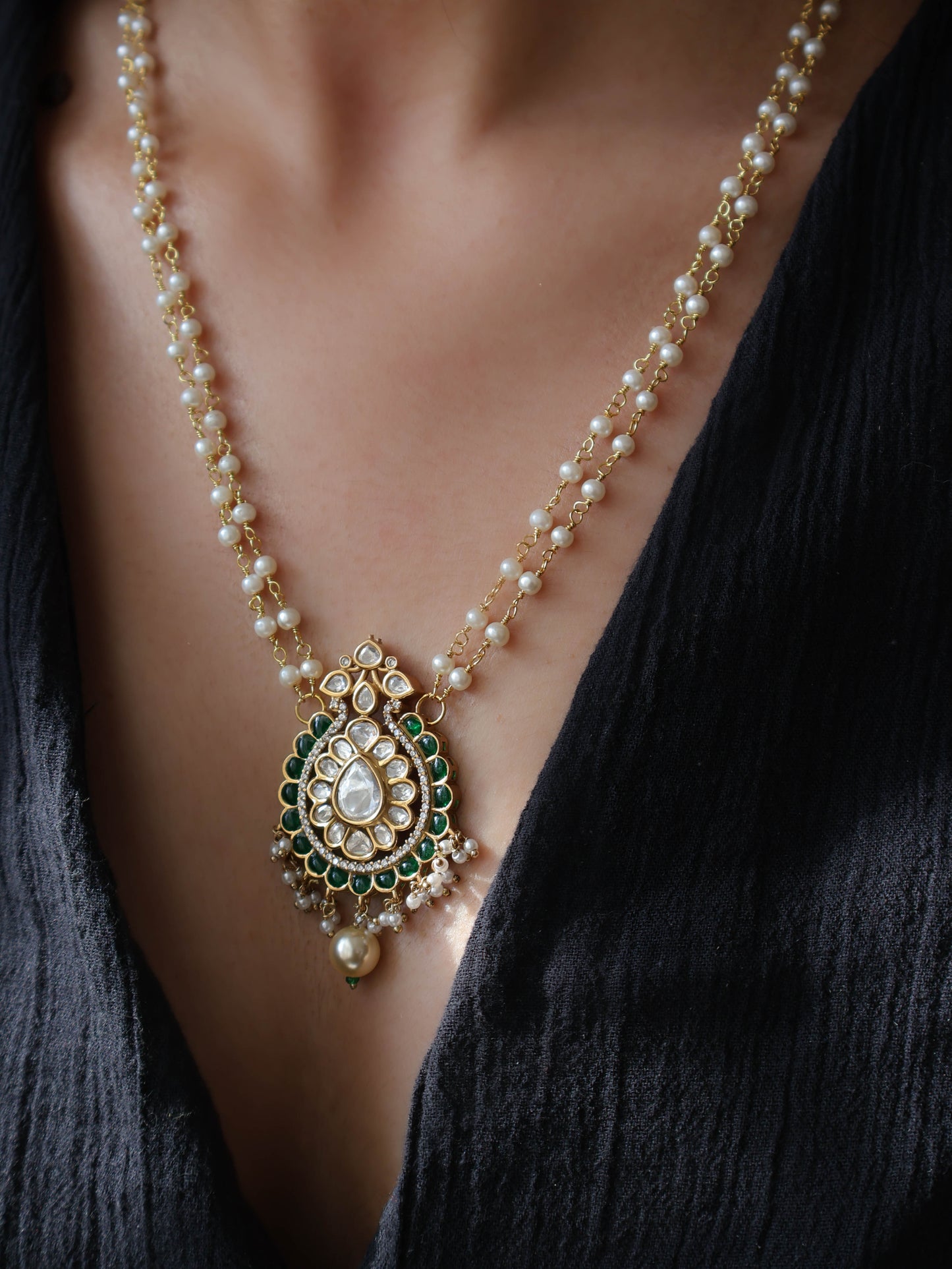 Agnis Green Polki Pendant Necklace